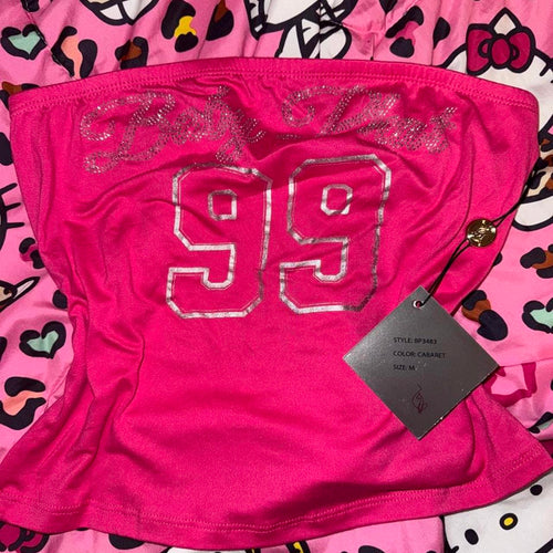 Baby Phat pink baby doll top, rhinestone lettering detail